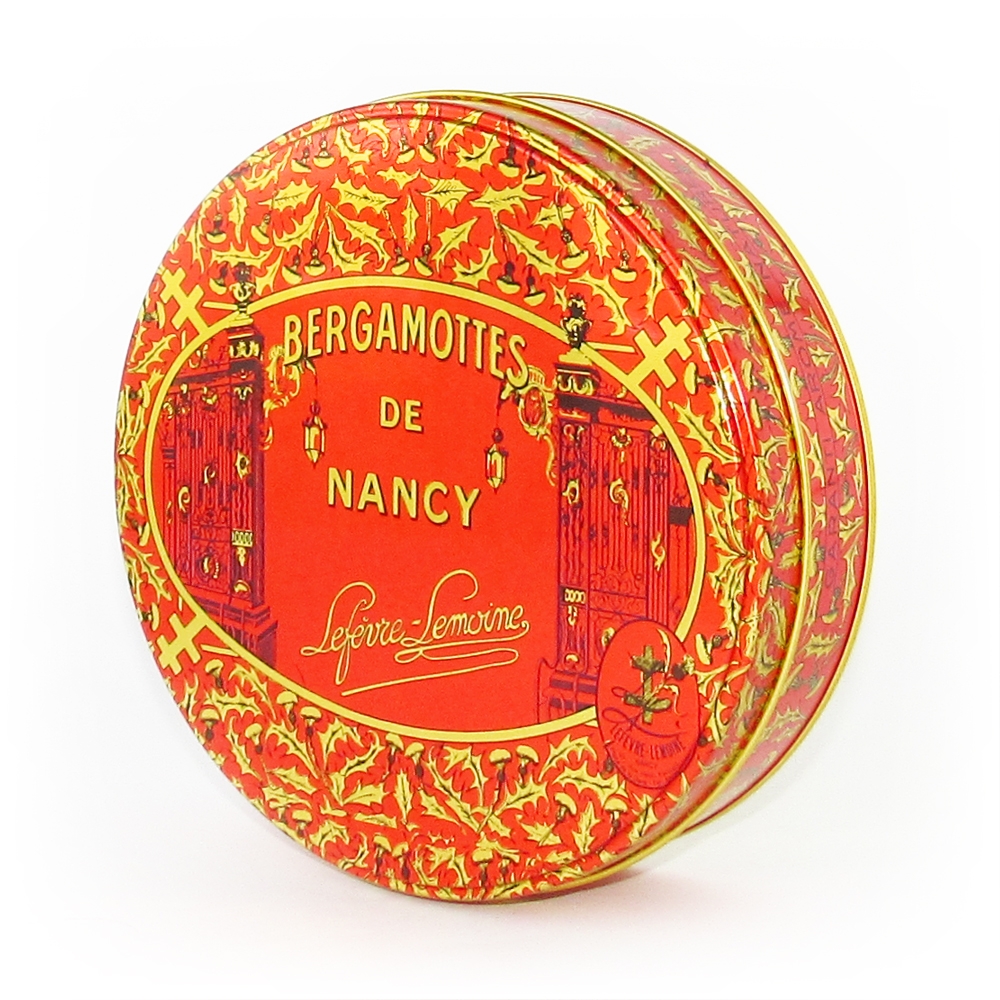 Nos grandes boîtes rondes de Bergamottes de Nancy. Poids : 0,8 kg