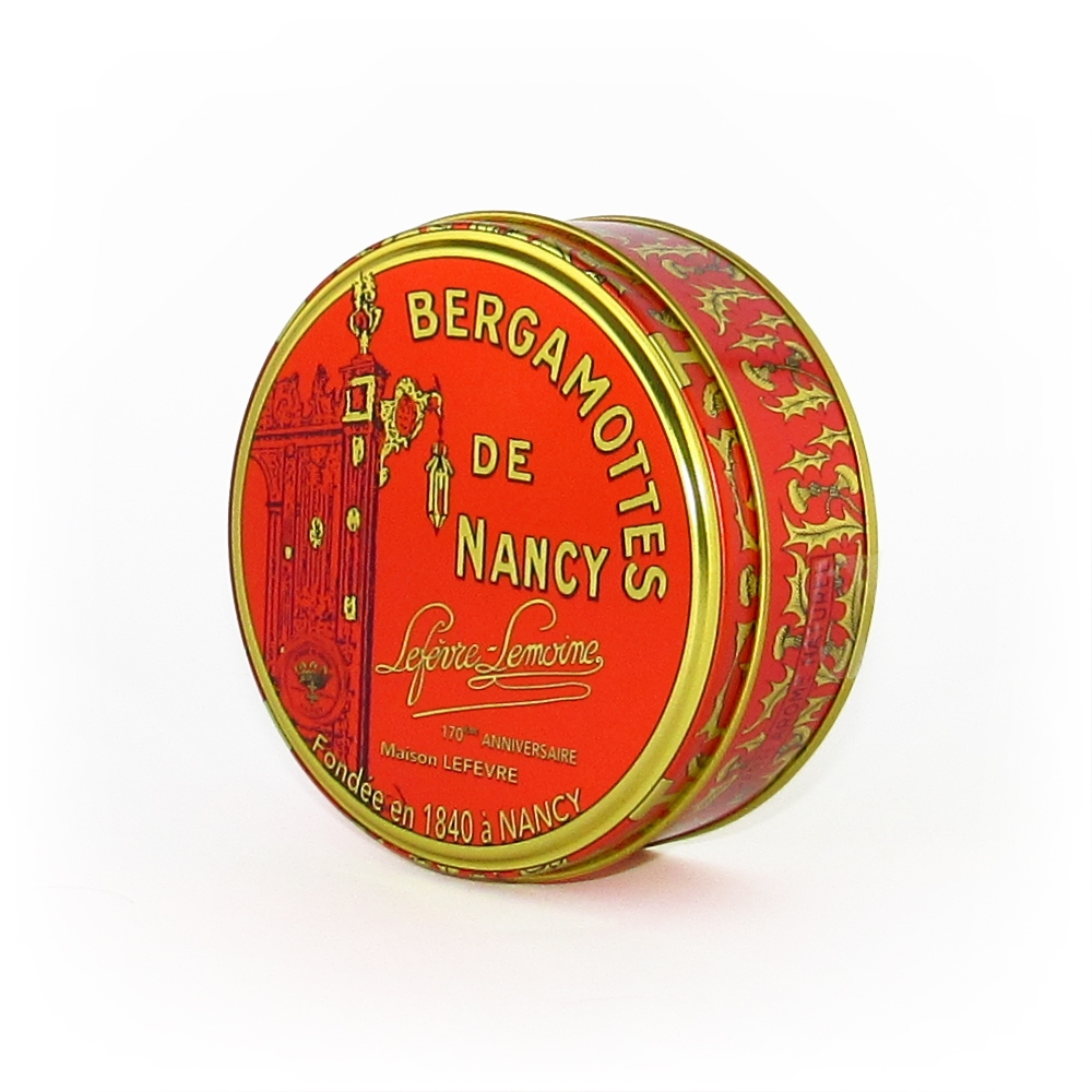 Nos petites boîtes rondes de Bergamottes de Nancy. Poids : 0,35 kg